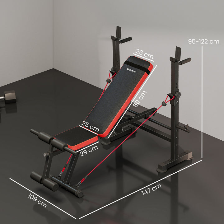 Banco de Musculação Multifuncional Carga 420 kg Com Suporte para Barras e Encosto Ajustável Ideal para Treino Completo em Casa 147x109x122 cm Preto