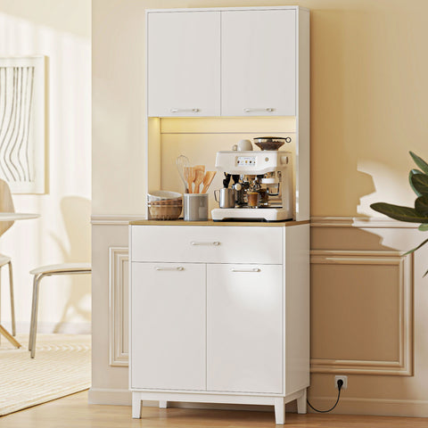 Armário de Cozinha com Luzes LED e Estação de Carregamento Móvel Auxiliar de Cozinha com 4 Portas Gaveta Bancada para Micro-Ondas e Prateleiras Ajustáveis 71x40x180 cm Branco