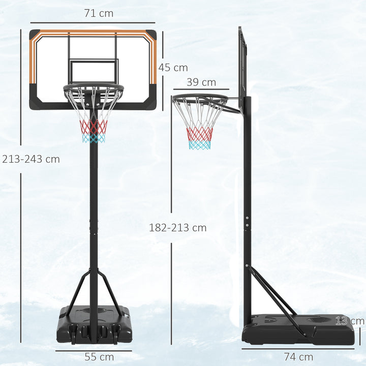 Tabela de Basquetebol de Exterior com Altura Ajustável 235-264 cm Tabela de Basquetebol com Suporte para Bola Rodas e Base Recarregável Preto