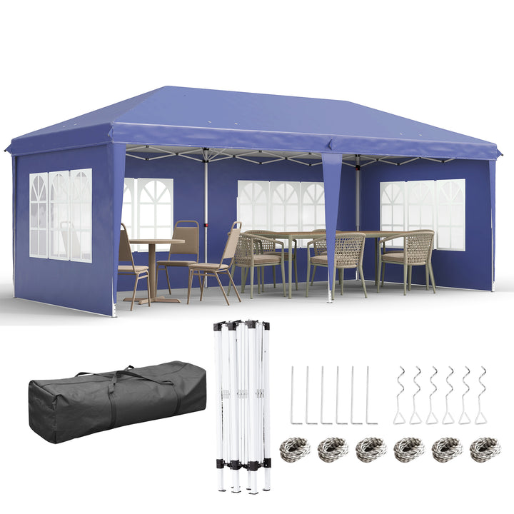Tenda Dobrável 585x295x270 cm com 4 Paredes Laterais Amovíveis Tenda de Jardim com 4 Janelas e Bolsa de Transporte para Pátio Exterior Azul