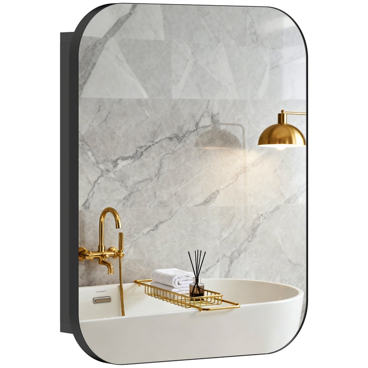 Armário de Casa de Banho com Espelho, Design com Bordas Arredondadas, Armário de Parede, Móvel para Casa de Banho Suspenso, Prateleiras Ajustáveis, 40,2x10,2x50,9 cm, Preto