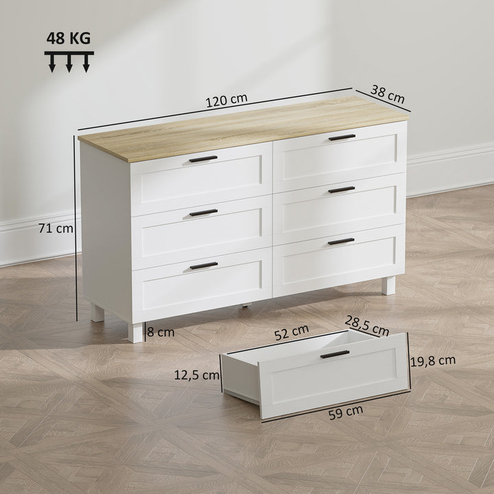 Cómoda 6 Gavetas Cómoda Quarto com Pés de Madeira Gaveteiro para Sala Escritório Estilo Moderno 120x38x71 cm Branco