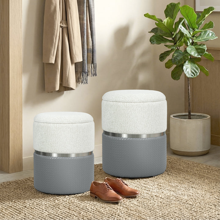 Conjunto de 2 Puffs de Arrumação Baús de Arrumação Redondos Estofados em Chenille e PU Assento Acolchoado para Entrada Quarto Sala Cinzento e Creme