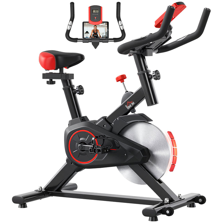 Bicicleta Estática Spinning com Monitor LCD Volante de Inércia de 6kg Assento e Guidão com Altura Ajustável Resistência Regulável 85x46x114cm Preto e Vermelho