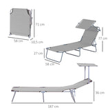 Espreguiçadeira de Jardim Dobrável com Toldo Removível e Ajustável em Ângulo e Encosto Ajustável em 4 Posições para Jardim Terraço Campismo Exterior 187x58x36 cm Cinza Claro