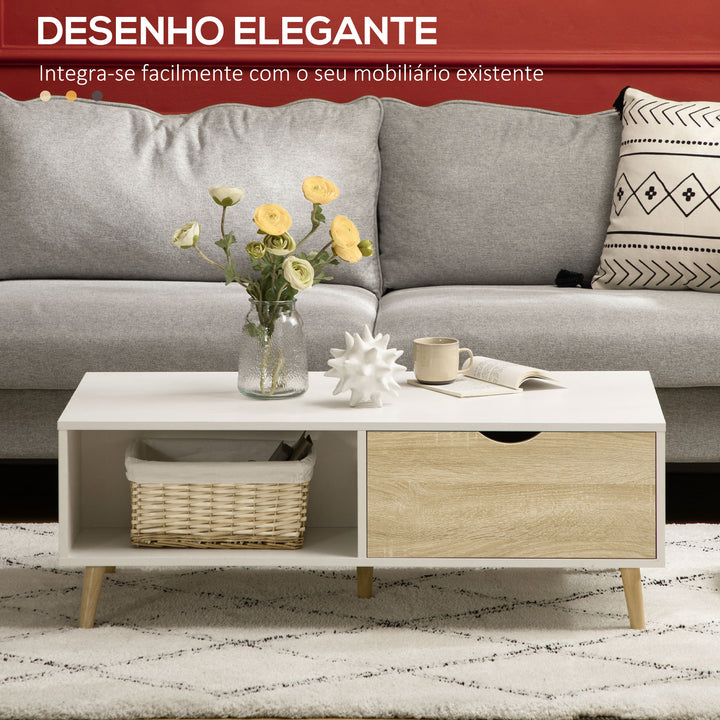 Mesa de Centro Retangular Mesa de Sala de Estar com 2 Gavetas e Compartimentos Abertos Estilo Nórdico para Escritório Dormitório Estúdio 106x58x39,5cm Branco e Madeira