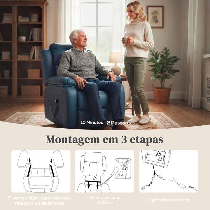 Poltrona Relax Levanta Pessoas com Controle Remoto Reclinação Elétrica de 160° Apoio para os Pés Encosto Estofado em PU e Bolsos Laterais 76x90x105 cm Azul Escuro