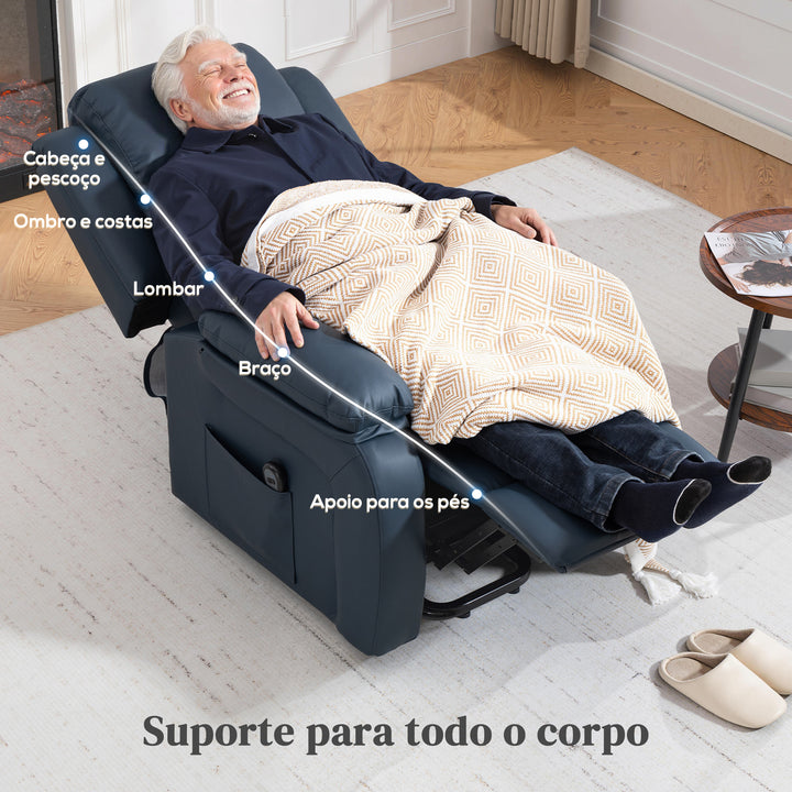 Poltrona Relax Levanta Pessoas com Controle Remoto Reclinação Elétrica de 160° Apoio para os Pés Encosto Estofado em PU e Bolsos Laterais 76x90x105 cm Azul Escuro