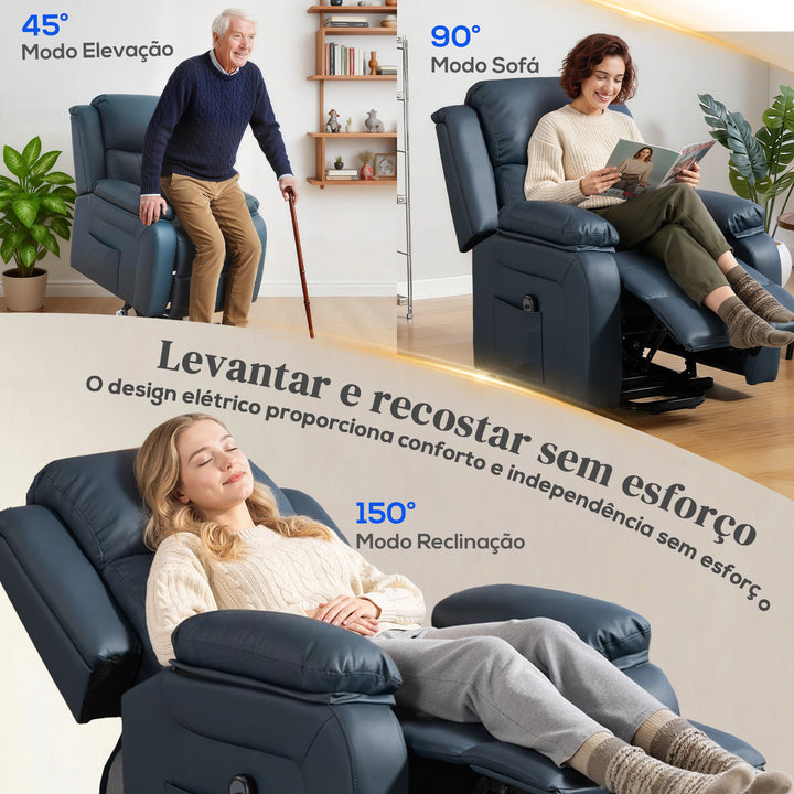 Poltrona Relax Levanta Pessoas com Controle Remoto Reclinação Elétrica de 160° Apoio para os Pés Encosto Estofado em PU e Bolsos Laterais 76x90x105 cm Azul Escuro