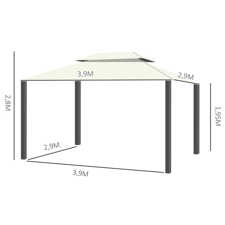 Pérgola de Jardim 390x290 cm Pérgola de Alumínio com Teto de Ventilação 4 Cortinas Laterais Tela Mosquiteira e 8 Orifícios de Drenagem para Exterior Pátio Festas