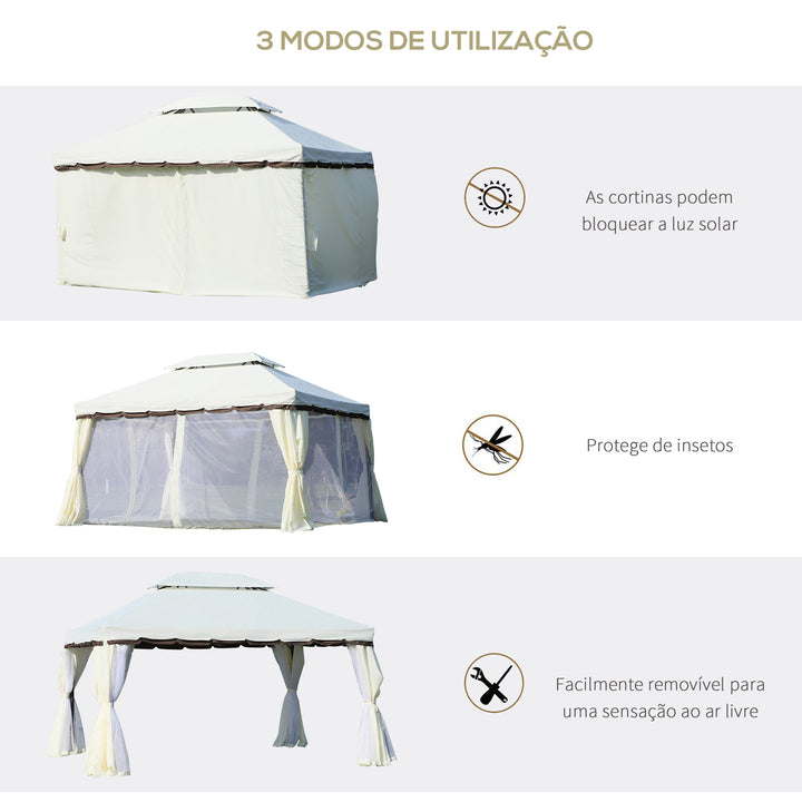 Pérgola de Jardim 390x290 cm Pérgola de Alumínio com Teto de Ventilação 4 Cortinas Laterais Tela Mosquiteira e 8 Orifícios de Drenagem para Exterior Pátio Festas