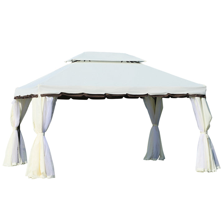 Pérgola de Jardim 390x290 cm Pérgola de Alumínio com Teto de Ventilação 4 Cortinas Laterais Tela Mosquiteira e 8 Orifícios de Drenagem para Exterior Pátio Festas