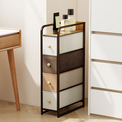 Cómoda com 4 Gavetas de Tecido Dobráveis, Cómoda Estreita para Quarto com Estrutura Metálica, Gaveteiro para Espaços Pequenos, Sala de Estar, Closet, Casa de Banho, Multicolorido