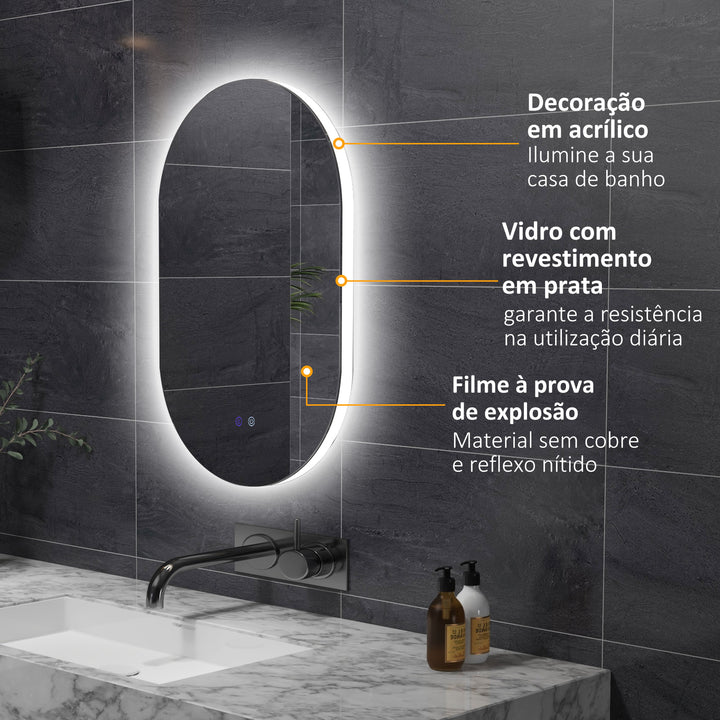 Espelho Casa de Banho com Luzes LED 81x51 cm Espelho de Parede com 3 Cores Ajustáveis Função Antiembaciamento Interruptor Tátil Horizontal ou Vertical Prata