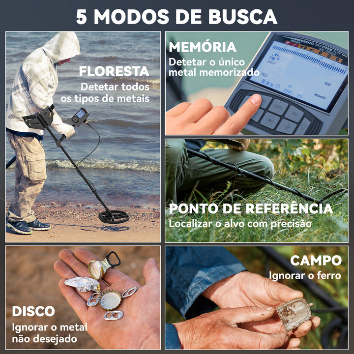 Detector de Metais para Adultos e Crianças com Bateria Detector IP68 com 5 Modos e Memória Ecrã LCD Retroiluminado Chip DSP 28x21x48-130 cm Cinza Escuro