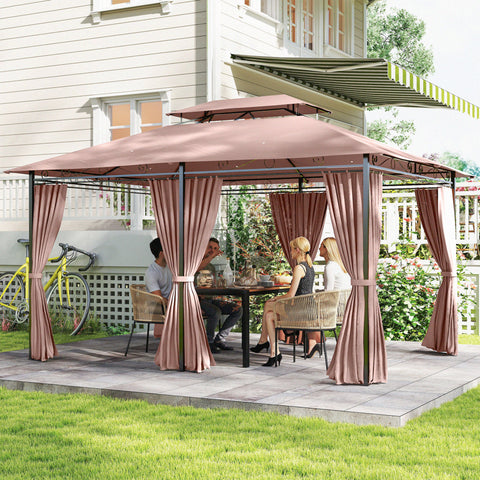 Pérgola de Jardim 3x4 m Pérgola de Exterior com Paredes Laterais Teto Duplo 6 Portas com Fecho de Correr e 8 Orifícios de Drenagem para Pátio Jardim Marrom