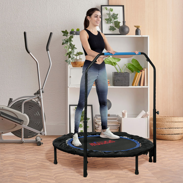 Trampolim Fitness Ø102 Trampolim Dobrável com Pega Ajustável em 4 Níveis Estrutura de Aço para Treino de Pernas Corpo em Casa Escritório Ginásio Azul