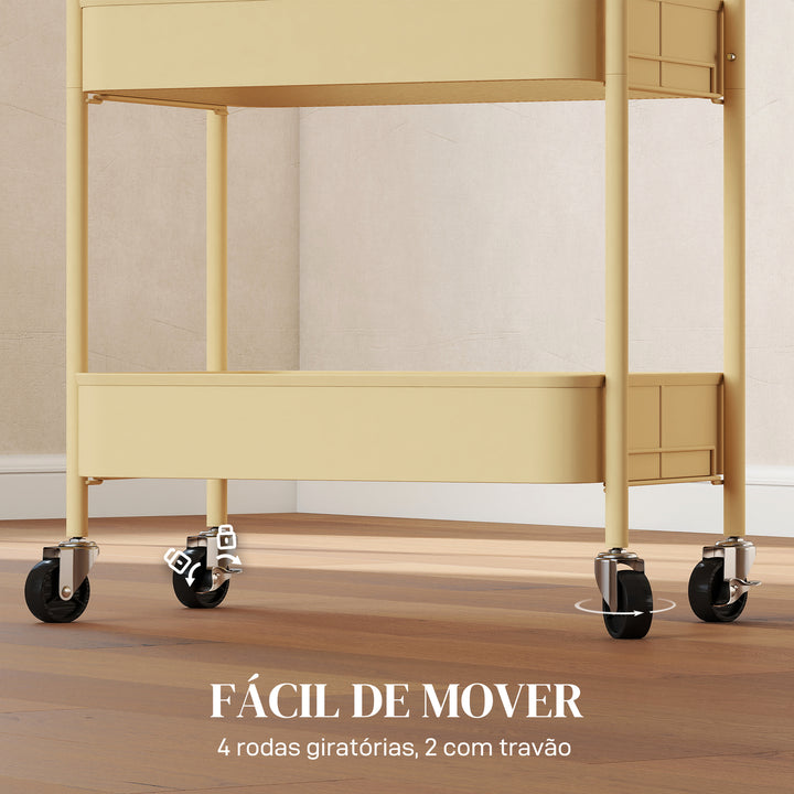 Carrinho Auxiliar com Rodas de 3 Níveis Carrinho de Cozinha com 3 Cestos e 2 Pegas para Casa de Banho Quarto Escritório 45x30,6x79 cm Amarelo