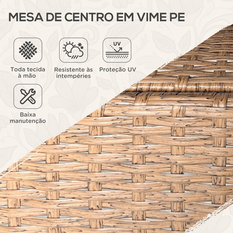 Mesa de Vime Redonda Ø80x75 cm Mesa de Jardim com Prateleira Pés Ajustáveis Tampo de Vidro e Estrutura de Aço para Terraço e Pátio Natural