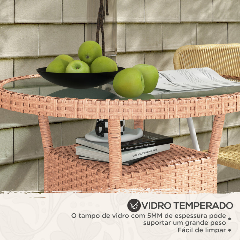 Mesa de Vime Redonda Ø80x75 cm Mesa de Jardim com Prateleira Pés Ajustáveis Tampo de Vidro e Estrutura de Aço para Terraço e Pátio Natural