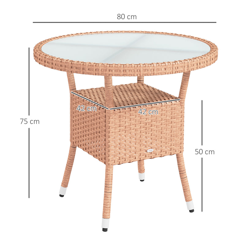 Mesa de Vime Redonda Ø80x75 cm Mesa de Jardim com Prateleira Pés Ajustáveis Tampo de Vidro e Estrutura de Aço para Terraço e Pátio Natural