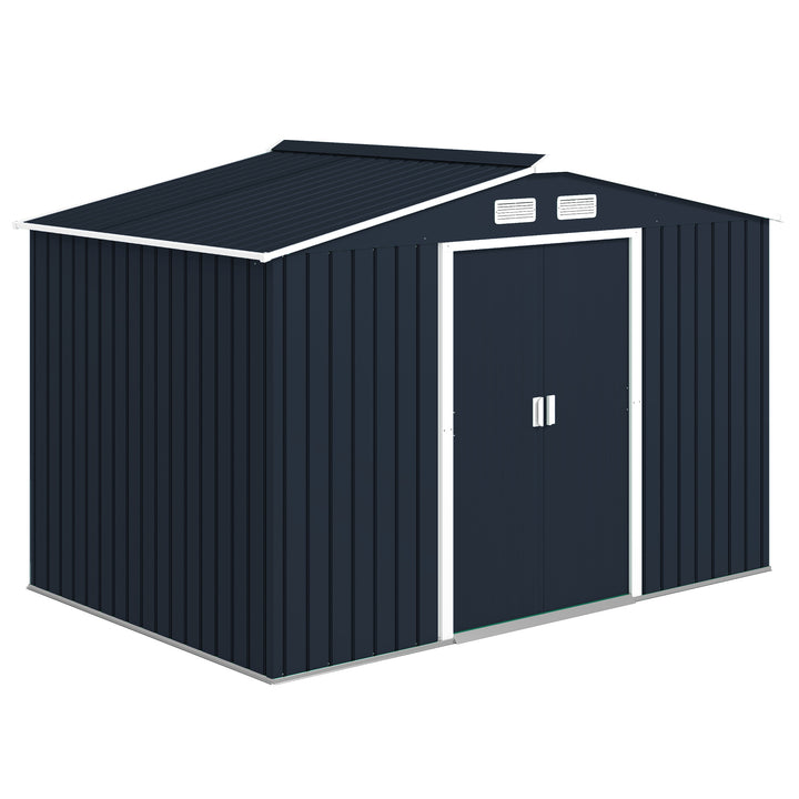 Abrigo de Jardim Exterior Abrigo e Jardim Metálico para Armazenamento de Ferramentas com Base Incluída e 4 Janelas 277x195x192cm Cinza Escuro