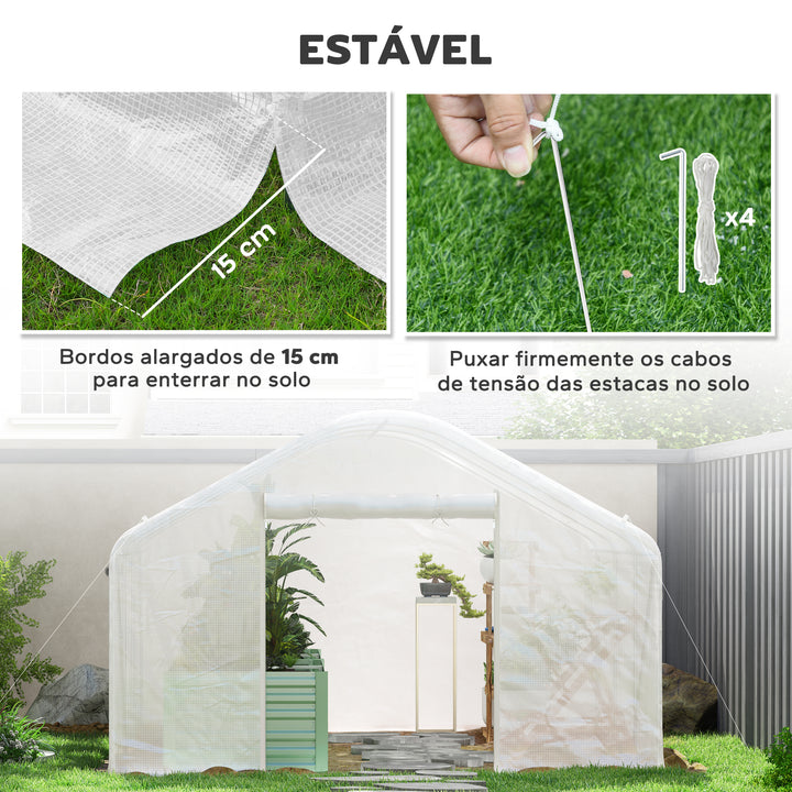 Estufa tipo Túnel 4x3x2 m Estufa de Exterior com 2 Janelas Cobertura PE Anti UV e 1 Porta de Enrolar com Fecho de Correr Estufa para Jardim Pátio Branco