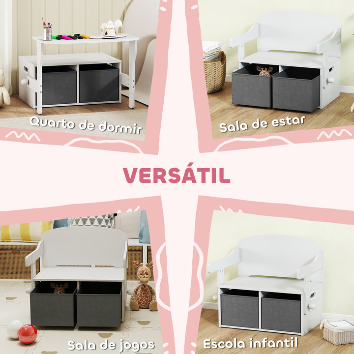 Banco para Crianças Conversível 3 em 1 Conjunto de Mesa e Cadeira Baú de Brinquedos com Cubos de Tecido Removíveis Banco de Armazenamento Móvel Multifuncional para Crianças 3-6 Anos Branco