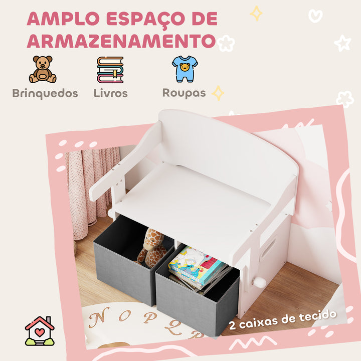 Banco para Crianças Conversível 3 em 1 Conjunto de Mesa e Cadeira Baú de Brinquedos com Cubos de Tecido Removíveis Banco de Armazenamento Móvel Multifuncional para Crianças 3-6 Anos Branco