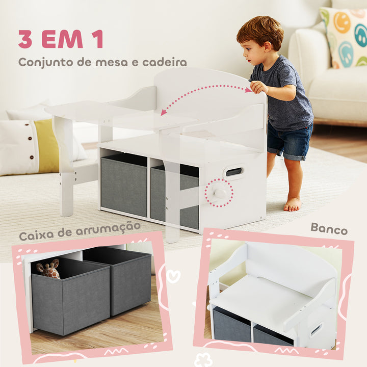 Banco para Crianças Conversível 3 em 1 Conjunto de Mesa e Cadeira Baú de Brinquedos com Cubos de Tecido Removíveis Banco de Armazenamento Móvel Multifuncional para Crianças 3-6 Anos Branco