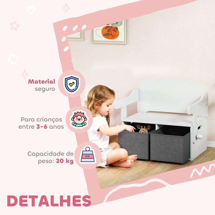 Banco para Crianças Conversível 3 em 1 Conjunto de Mesa e Cadeira Baú de Brinquedos com Cubos de Tecido Removíveis Banco de Armazenamento Móvel Multifuncional para Crianças 3-6 Anos Branco