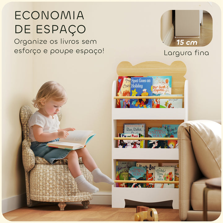 Estante Infantil de 3 Níveis Estante para Livros Infantil Desenho de Ursinho para Sala de Jogos Dormitório Escola Infantil 55x15x110 cm Branco e Madeira