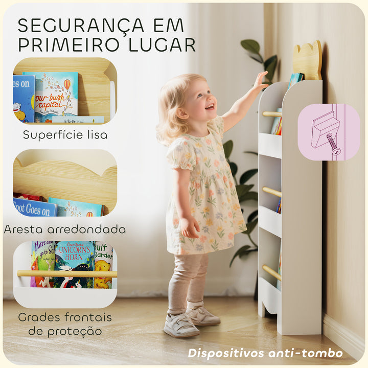 Estante Infantil de 3 Níveis Estante para Livros Infantil Desenho de Ursinho para Sala de Jogos Dormitório Escola Infantil 55x15x110 cm Branco e Madeira