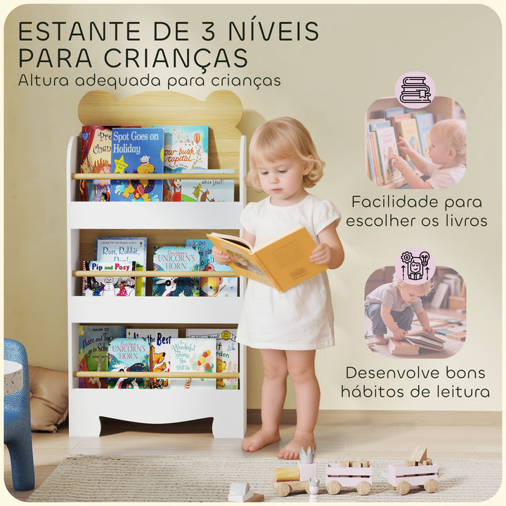 Estante Infantil de 3 Níveis Estante para Livros Infantil Desenho de Ursinho para Sala de Jogos Dormitório Escola Infantil 55x15x110 cm Branco e Madeira