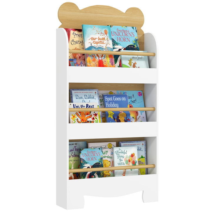 Estante Infantil de 3 Níveis Estante para Livros Infantil Desenho de Ursinho para Sala de Jogos Dormitório Escola Infantil 55x15x110 cm Branco e Madeira