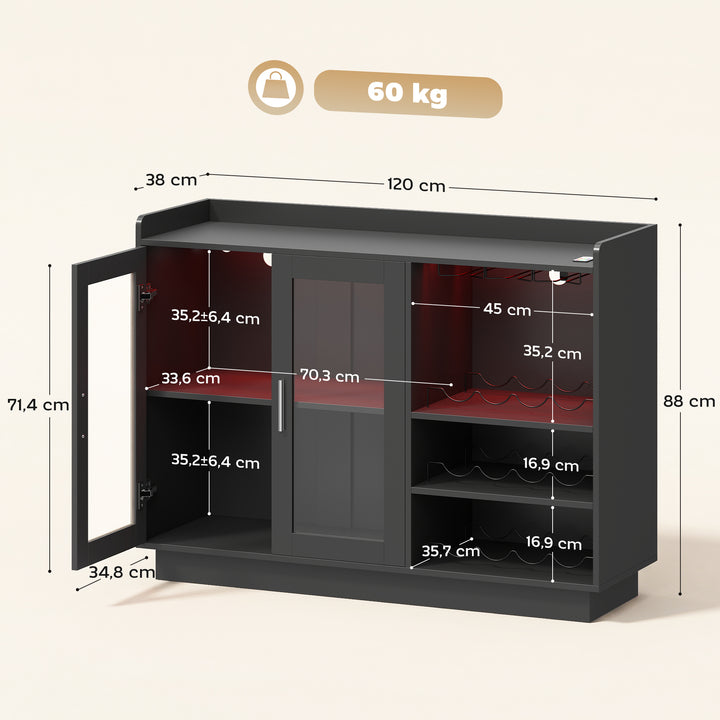 Móvel de Bar Armário Buffet para Vinhos com Luzes LED RGB, Porta-Garrafas para 12 Garrafas, Aparador de Cozinha com Prateleira Ajustável e Portas com Fecho Suave, Preto