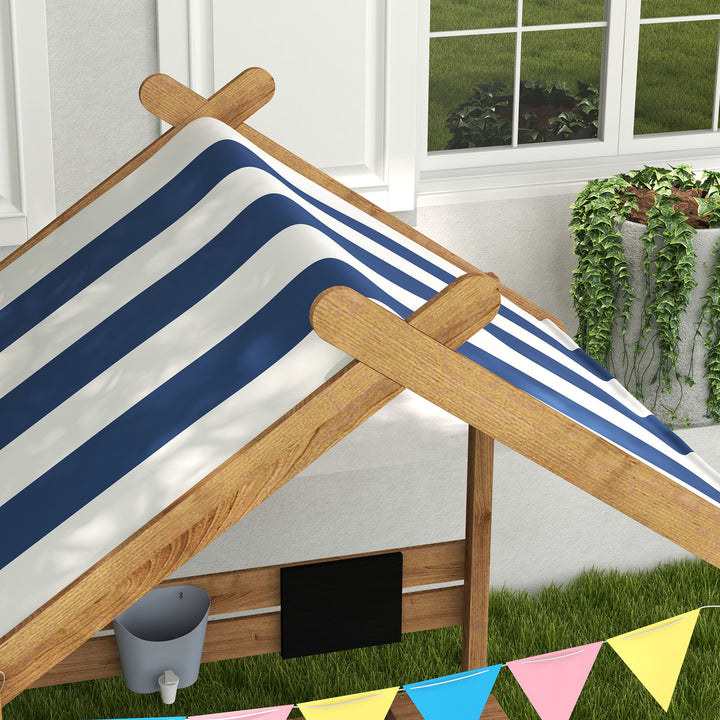 Caixa de Areia para Crianças de Madeira Caixa de Areia Infantil com Toldo 6 Bandeirinhas Torneira e Ardósia em Forma de Casa para Pátio Jardim 124x116x146 cm Castanho