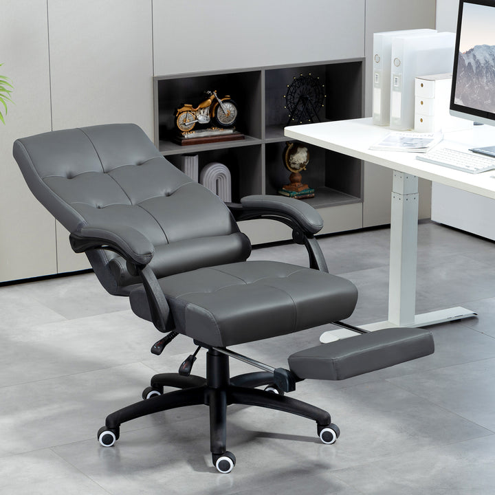 Cadeira de Escritório Ergonómica Giratória Cadeira de Escritório Reclinável Estofada em PU com Altura Ajustável Apoio para os Braços e Apoio para os Pés 65x65x118-125 cm Cinza Escuro