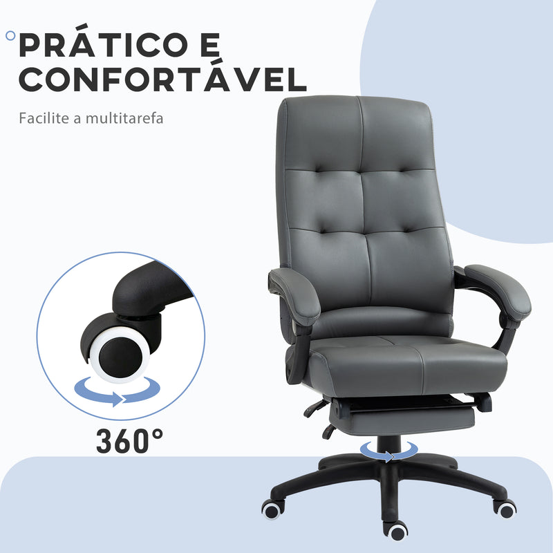 Cadeira de Escritório Ergonómica Giratória Cadeira de Escritório Reclinável Estofada em PU com Altura Ajustável Apoio para os Braços e Apoio para os Pés 65x65x118-125 cm Cinza Escuro