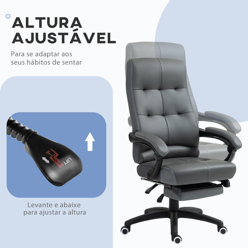 Cadeira de Escritório Ergonómica Giratória Cadeira de Escritório Reclinável Estofada em PU com Altura Ajustável Apoio para os Braços e Apoio para os Pés 65x65x118-125 cm Cinza Escuro