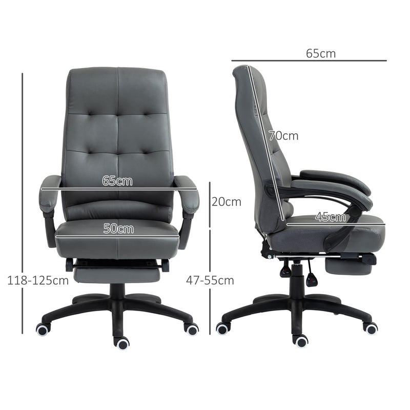 Cadeira de Escritório Ergonómica Giratória Cadeira de Escritório Reclinável Estofada em PU com Altura Ajustável Apoio para os Braços e Apoio para os Pés 65x65x118-125 cm Cinza Escuro