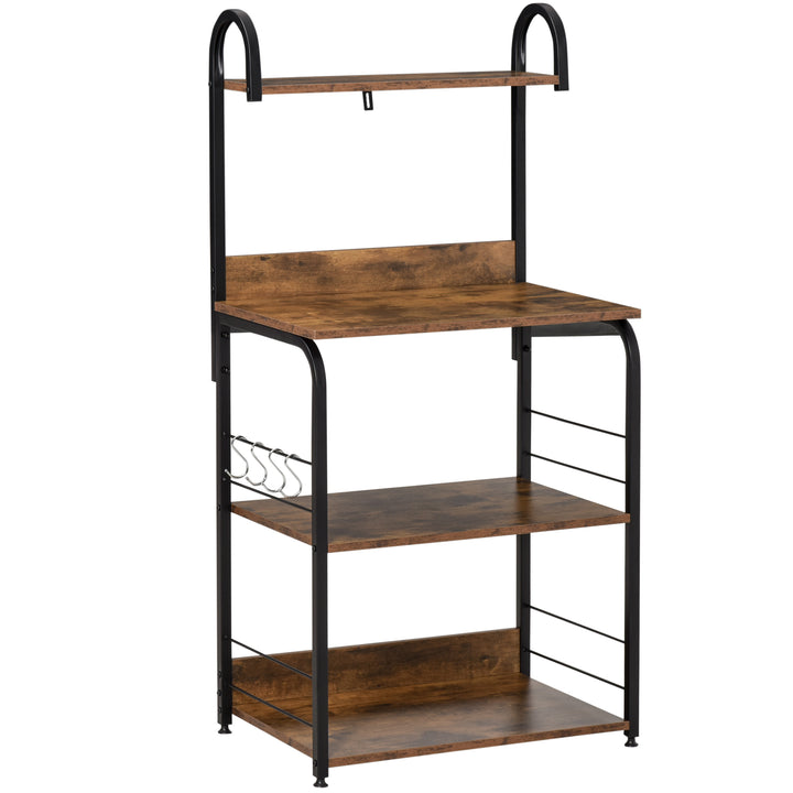 Estante de Cozinha Estante para Microondas com 4 Níveis Ganchos e Pés Ajustáveis Estante de Armazenamento 60x40x125 cm Marrom Rústico