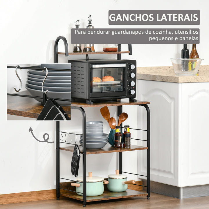 Estante de Cozinha Estante para Microondas com 4 Níveis Ganchos e Pés Ajustáveis Estante de Armazenamento 60x40x125 cm Marrom Rústico