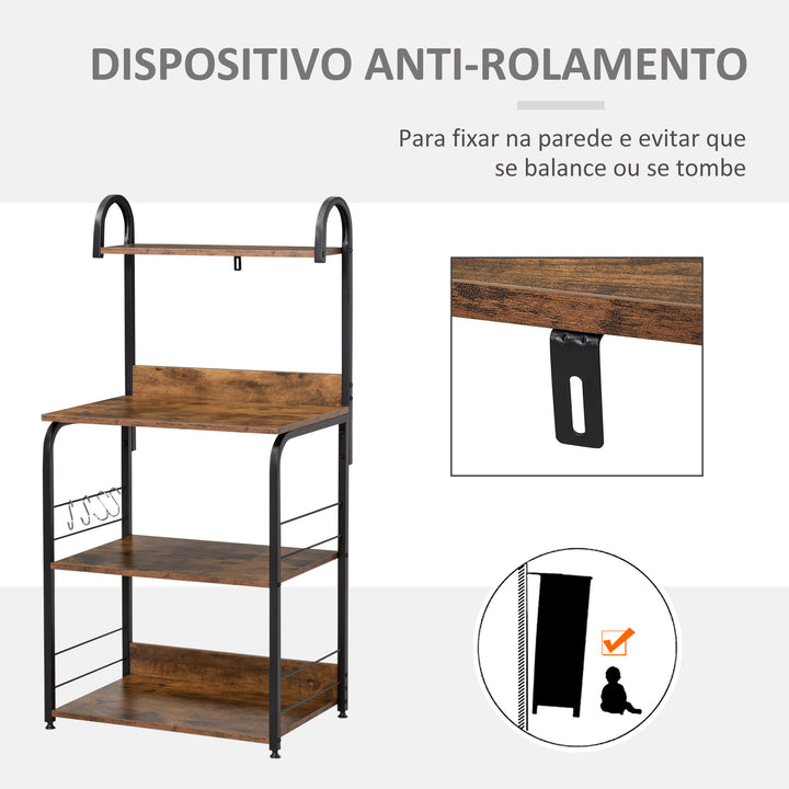 Estante de Cozinha Estante para Microondas com 4 Níveis Ganchos e Pés Ajustáveis Estante de Armazenamento 60x40x125 cm Marrom Rústico