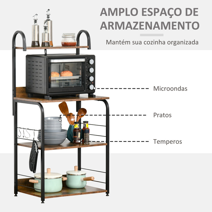 Estante de Cozinha Estante para Microondas com 4 Níveis Ganchos e Pés Ajustáveis Estante de Armazenamento 60x40x125 cm Marrom Rústico