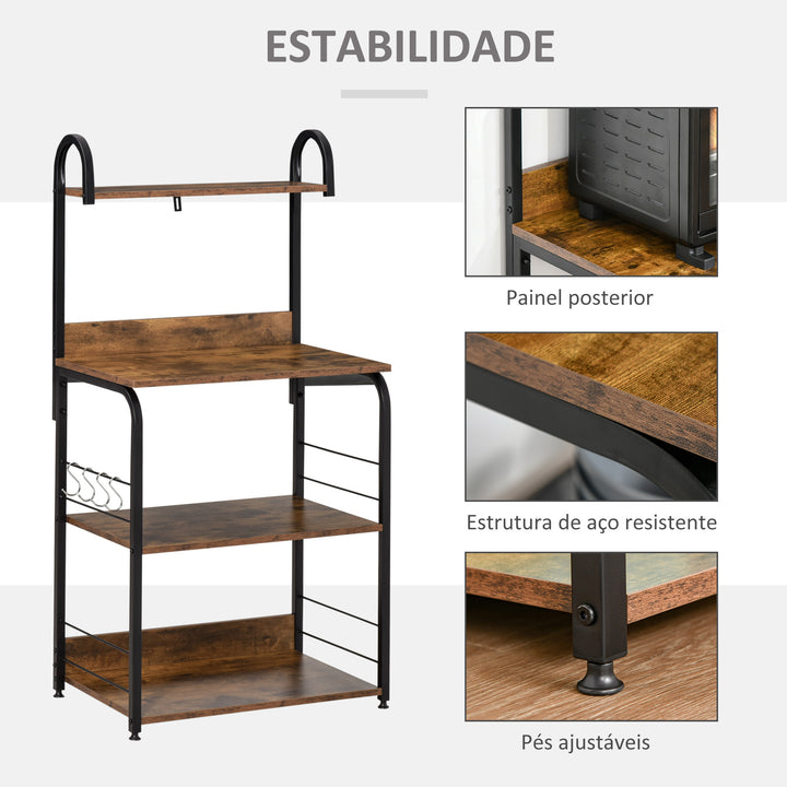 Estante de Cozinha Estante para Microondas com 4 Níveis Ganchos e Pés Ajustáveis Estante de Armazenamento 60x40x125 cm Marrom Rústico
