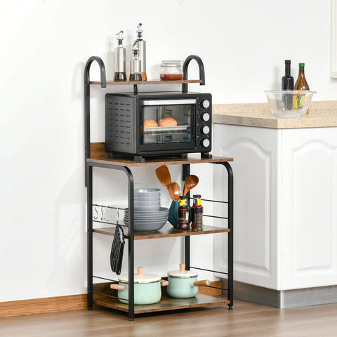 Estante de Cozinha Estante para Microondas com 4 Níveis Ganchos e Pés Ajustáveis Estante de Armazenamento 60x40x125 cm Marrom Rústico