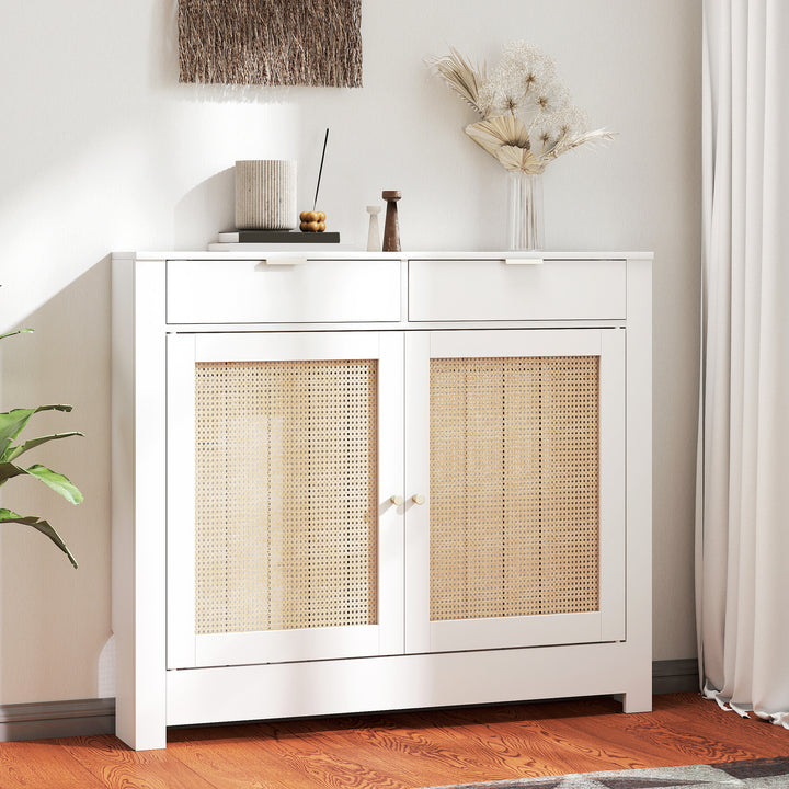 Cobertura para Radiador com Portas Rebatíveis e Vime Proteção Radiador de MDF 111x19x95,5 cm com Compartimento Desenho Boémio para Sala Quarto Branco