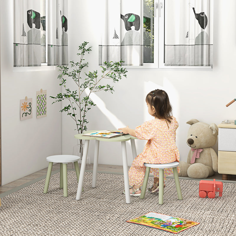 Conjunto de Mesa e 2 Cadeira para Crianças Mesa com Cadeiras para Crianças de 2-5 Anos Mesa com Forma de Flor Ø59x50 cm e Cadeiras Ø28x26 cm para Dormitório Sala de Estar Verde Pastel e Branco