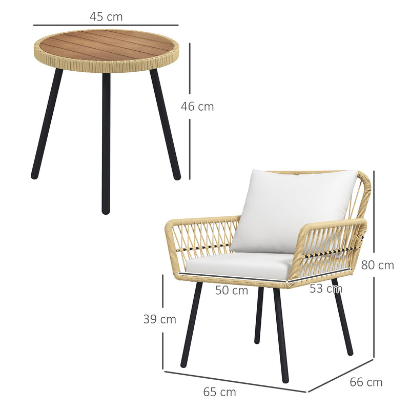 Conjunto de Mesa e Poltronas para Jardim Exterior Jogo de 3 Peças de Vime com 2 Poltronas 1 Mesa de Centro Redonda e Almofadas para Terraço Varanda Natural